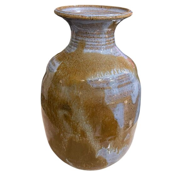 Vtg 1981 Hand-Thrown Studio Pottery Blue & Brown Drip Glaze Stoneware Vase 7.5" - Picture 6 of 14